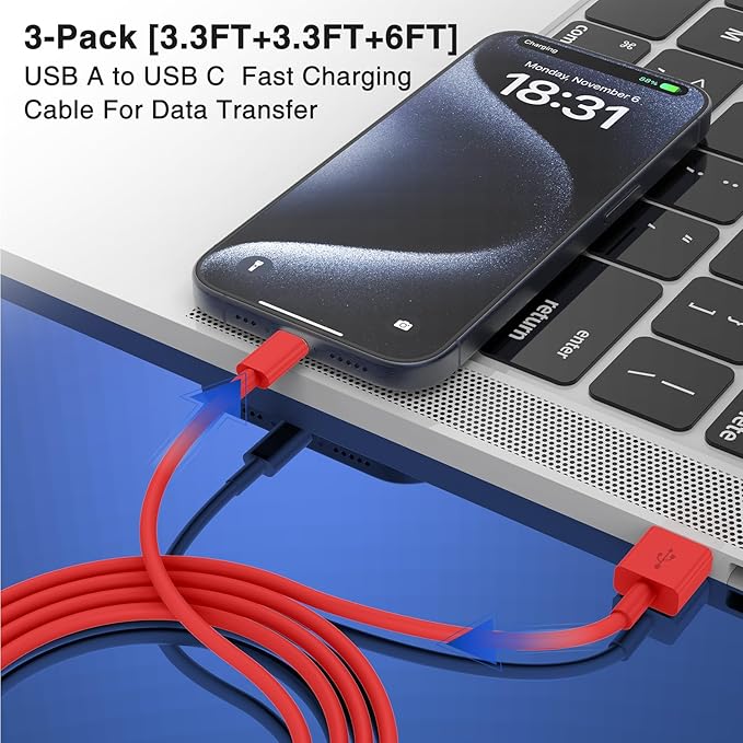 3-Pack Red [3.3FT+3.3FT+6FT] USB A to USB C Cable，USB to USB C Car Carplay Cable for iPhone Air 17 16e 16 15 Pro Plus Pro Max，for Galaxy S25/S24, for iPad Pro/Air/mini, for MacBook Pro/Air and More