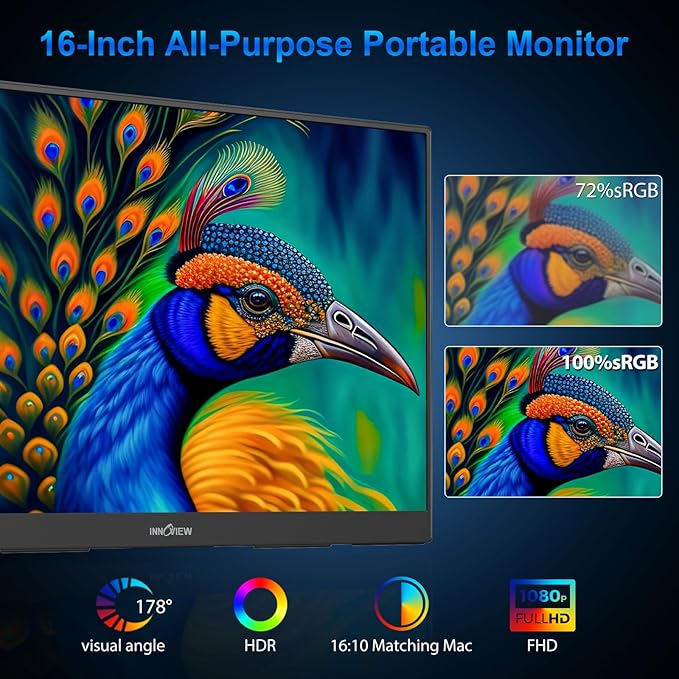 InnoView Portable Monitor, 16" 1200P FHD 180Hz 100% sRGB, Portable Gaming Monitor with Sleeve, USB-C Mini HDMI Portable Laptop Monitors for Laptop, Phones, MacBook, Tablet, PS4/5, Switch, Xbox