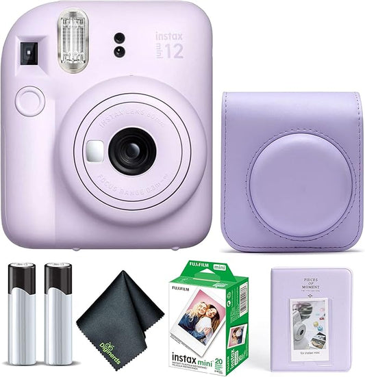 Fujifilm Instax Mini 12 Instant Camera Lilac Purple Bundle with Fuji Instax Mini Film Value Pack (20 Sheets) + Protective Carrying Case + Photo Album + Microfiber Cleaning Cloth