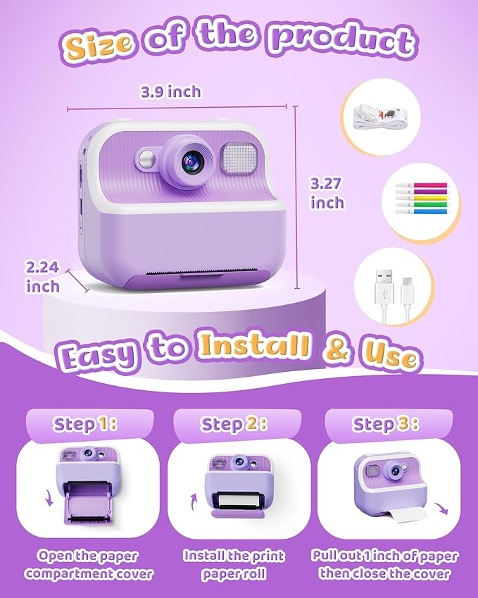 Instant Camera, Front Rear Dual Selfie Kids Camera with 1080P Videos, Holiday Birthday Gifts for Kids Age 3-12, Toddler Portable Travel Print Digital Camera Toy for 4 5 6 7 8 9 Year Boys Girls