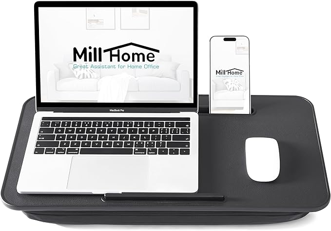 Lap Desk, Lap Desk with Cushion, Fits up to 17 inch Laptop, Pillow Designed, Portable Laptop Stand with Tray, Pad & Phone Holder, Home Office for Bed/Couch/Car/Reading/Writing,MillHome (Black)
