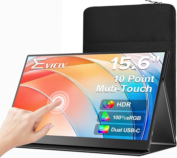 EVICIV Portable Monitor Touchscreen 15.6 FHD 1080P IPS 10-Point Touch Screen Monitor & Speakers, HDMI USB C Eye-Care Travel External for Laptop Computer PC Phone Switch, VESA & Smart Cover