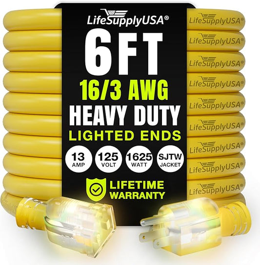6ft Outdoor/Indoor Extension Cord 16/3 Gauge Heavy Duty 3 Prong SJTW, Waterproof, Flexible Cold-Resistant Long Power Cord,13A 125V 1625W, Yellow by LifeSupplyUSA