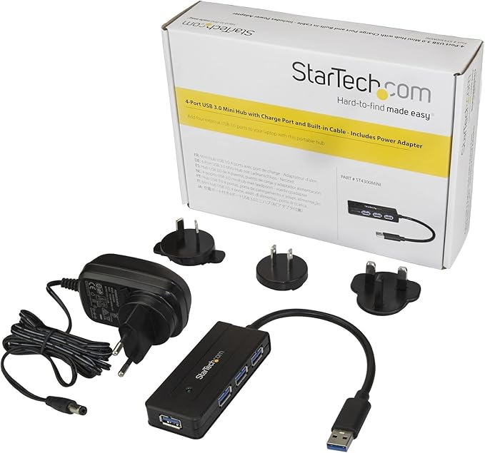 StarTech.com 4 Port USB 3.0 Hub SuperSpeed 5Gbps with Fast Charge Portable USB 3.1 Gen 1 Type-A Laptop/Desktop Hub - USB Bus Power or Self Powered for High Performance Mini/Compact (ST4300MINI), Black
