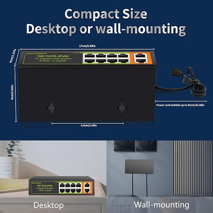 Gigabit 10-Port PoE+ Switch (8 PoE+ Ports, 2 Uplink), 802.3af/at, 120W Total Power, 1000Mbps, Unmanaged, Fanless, Metal Plug and Play, Suitable for IP Cameras, Networking Devices & Home Office.