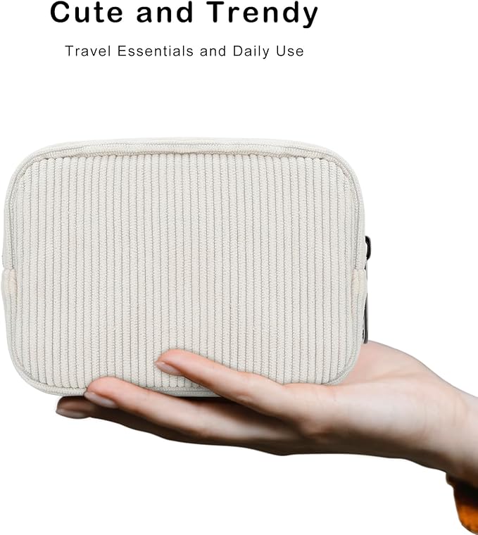 E-Tree Cute Small Makeup Bag,Cosmetic Toiletry Make up Little Items Pouch for Purse,Zipper Mini Tech Charger Cable Electronic Organizer Case,Travel Accessories for Women Men Teen,White Corduroy