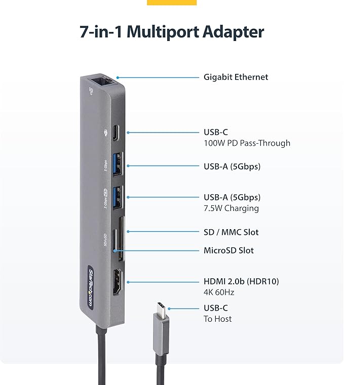 StarTech.com 7-in-1 USB-C Hub, Extra Long Cable Multiport Adapter with Gigabit Ethernet, 4K 60Hz HDMI, Gigabit Ethernet, SD/microSD and 100W Charging for MacBook Pro/Air and Windows