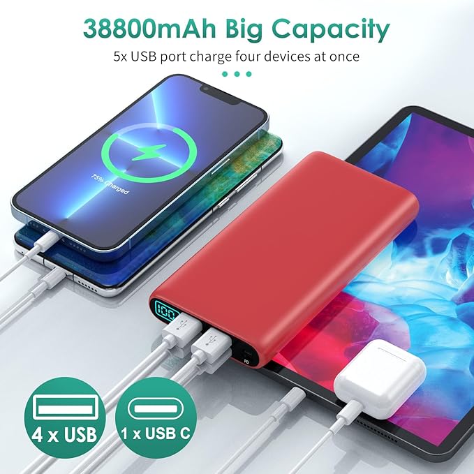 Portable Charger 38800mAh,LCD Display Power Bank,5 USB Outputs Battery Pack Backup,USB-C in&out Dual Input Phone Charging Compatible with iPhone 16/15/14/13 Pro,Android Samsung Galaxy Pixel Nexus-Red