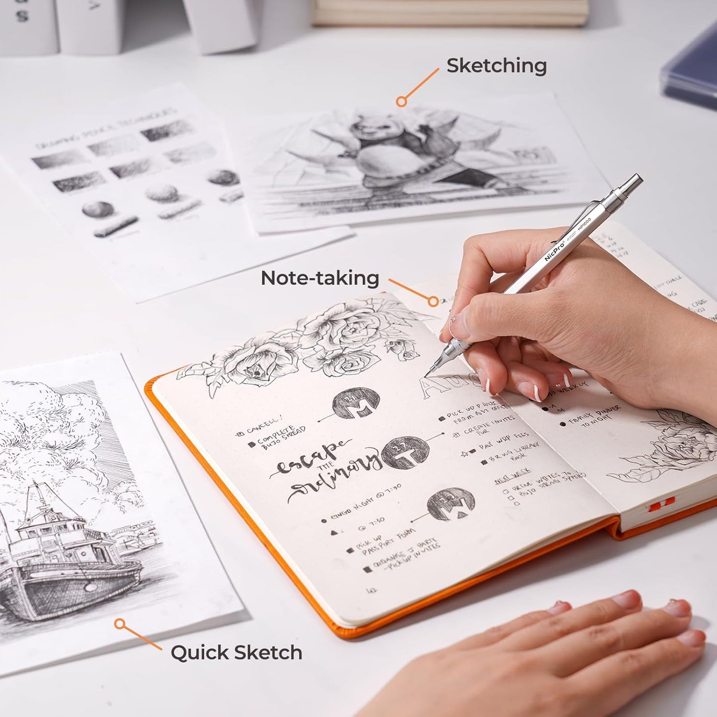 Nicpro Metal Mechanical Pencil Set, 5 PCS Art Drafting Pencils 0.3, 0.5, 0.7, 0.9 mm & 2mm Graphite Lead Holder For Sketching Drawing With 9 Tubes (4B 2B HB 2H Colors) Lead Refills Erasers Case