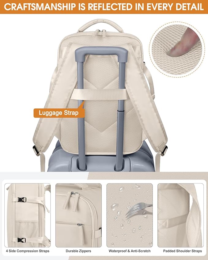 Capolo Travel Backpack for Women Men Waterproof Laptop Backpack Airlines Approved Carry On Backpack Bag Computer Bookbag for Business, Work, Traveling Fits 17 Inch Laptop(Beige)