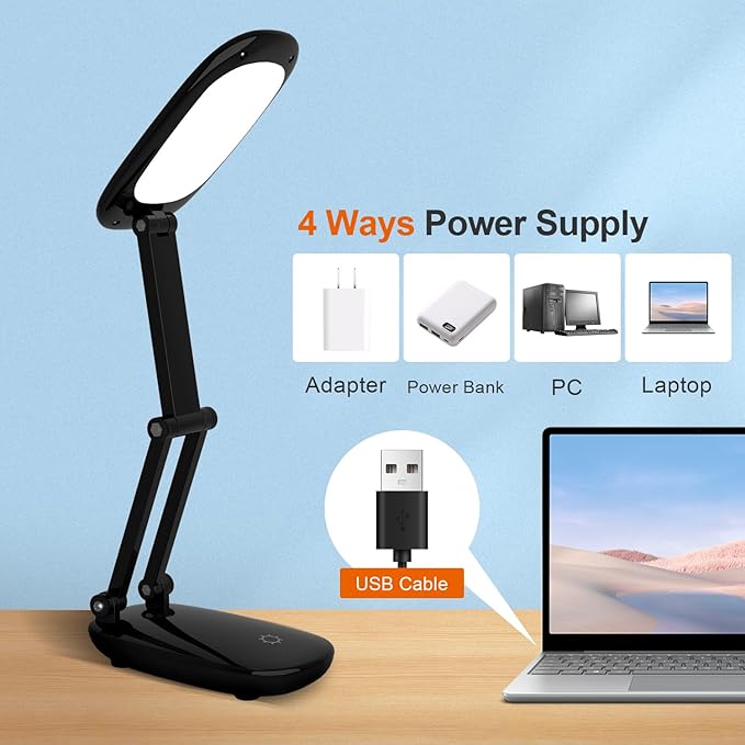 LED Desk Lamp for Office Home & Battery Operated Lamp Rechargeable Lamp Foldable & Portable Light, [2-Fold Bracket] 3 Brightness Dimmable Small Desk Lamp Wireless Reading Lamp (Black)