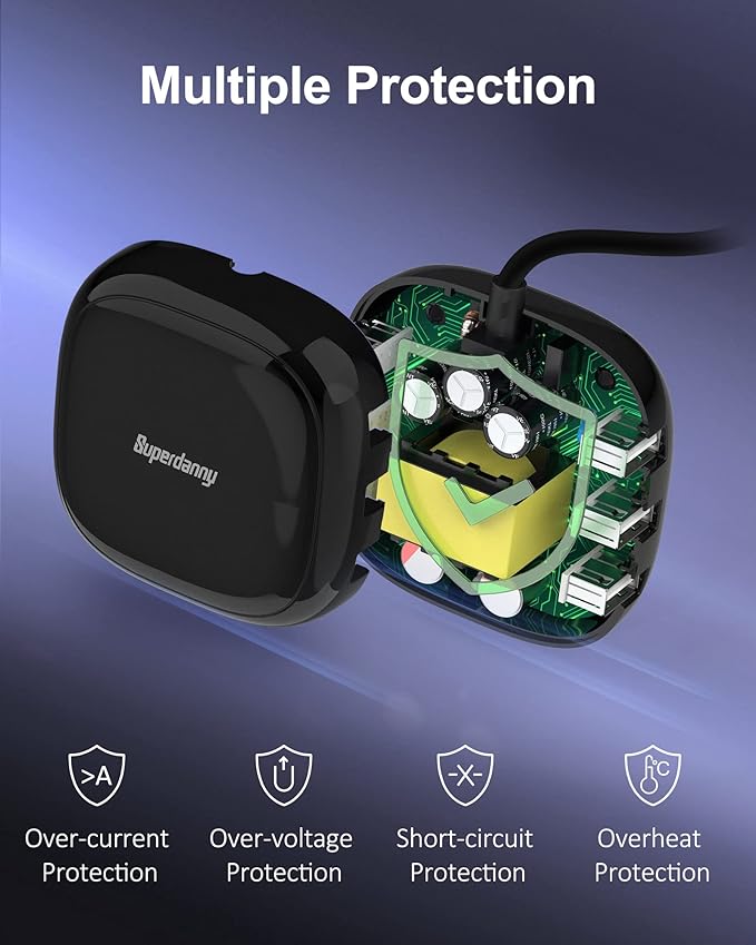 SUPERDANNY 6-Port USB Charger 8A, 40W Mini USB Charging Station, Charging Station for Multiple Devices, 4ft Cable, Compatible with iPhone, iPad, Galaxy, Pixel, for Travel, Cruise, Black