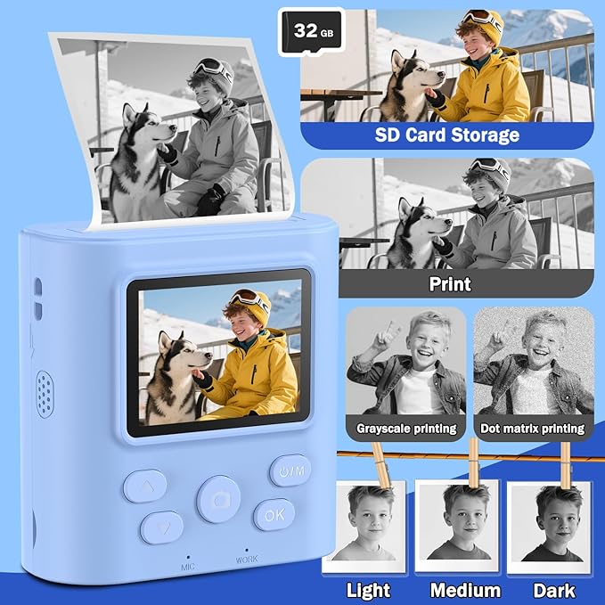 Kids Camera Instant Print for 3-12 Year Olds, HD Digital Instant Print Camera for Boys & Girls, Ideal Christmas Birthday Gift with 32GB SD Card, Easy to Use