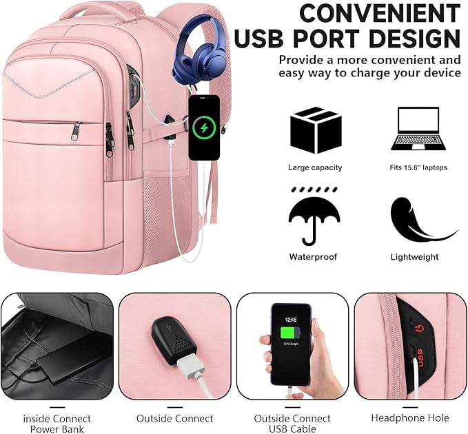 Lapsouno Business Laptop Backpack,Travel Backpack, Carry on Backpack for Women, TSA 15.6 Inch Travel Laptop Backpack with USB Port, College School Business Backpack for Women, Light Pink