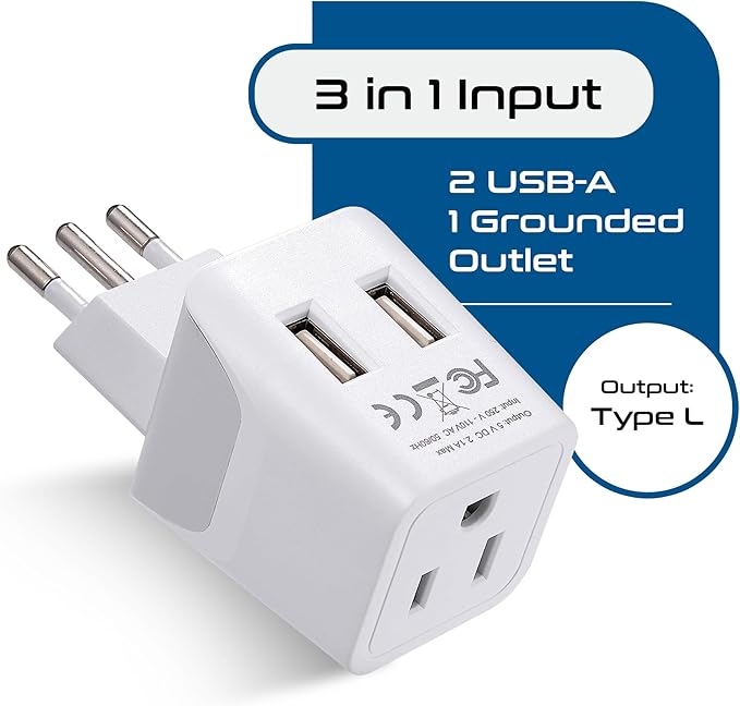 Ceptics Italy, Europe Travel Adapter Plug Set - 2 Pack - with 2 USB + USA Socket Input - Type L and Type C - Ultra Compact - Safe Grounded Perfect for Cell Phones, Laptops, Camera Chargers