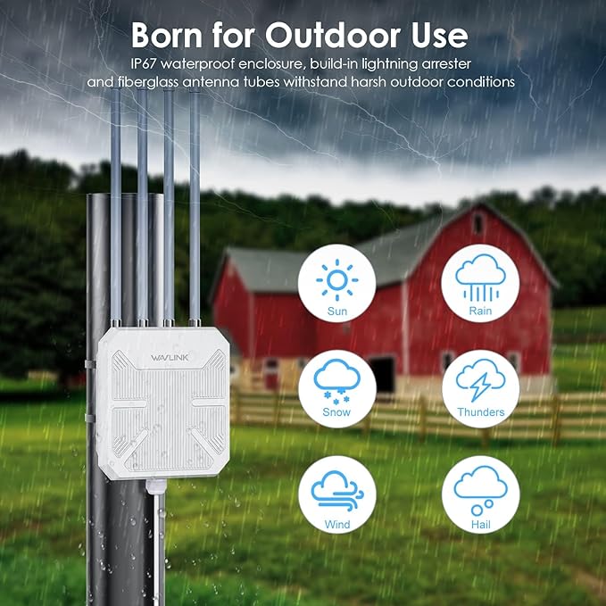 Outdoor WiFi Extender, WAVLINK WiFi 6 AX1800 WiFi Extender Signal Booster with PoE, Long Range Outdoor WiFi Access Point, IP67 Weatherproof, 4x8dBi Antennas, for Farm, Yard, Campsite, Starlink