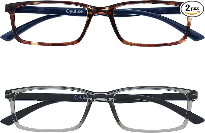 OPULIZE SEE Reading Glasses with Blue Light Blocking for Women and Men, Narrow Frame, Spring Hinges, Computer Gaming Glasses, Brown,Grey +1 (Pack of 2)