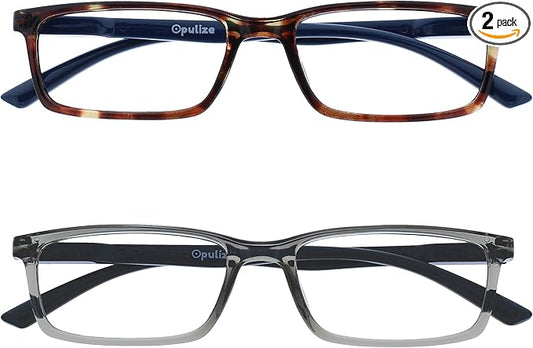 OPULIZE SEE Reading Glasses with Blue Light Blocking for Women and Men, Narrow Frame, Spring Hinges, Computer Gaming Glasses, Brown,Grey +2 (Pack of 2)