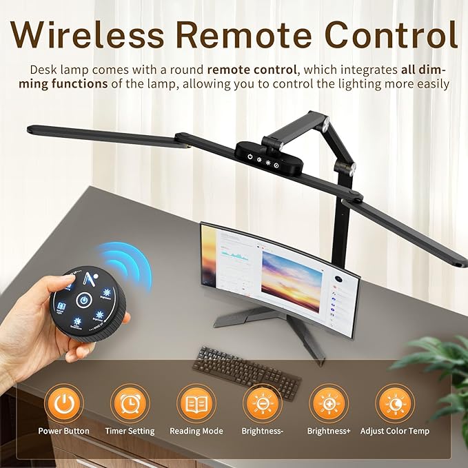 Table Lamp, LED Desk Lamp with Clamp and Base, Architect Desk Lamp for Home Office with Remote Control, 24W Ultra Bright Desk Light with Gesture Sensor Switch, Memory Function, Eye Caring Table Light