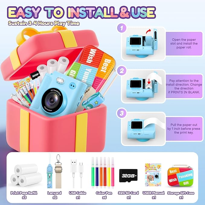 Gift for 3-12 Year Old Boys Girls: Kids Camera Digital Instant Print Dual HD Video Camera Toys for Kids Teen Boys Girls Ages 3 4 5 6 7 8 9 10 Birthday Christmas Valentines Gifts with 32G SD Card Blue