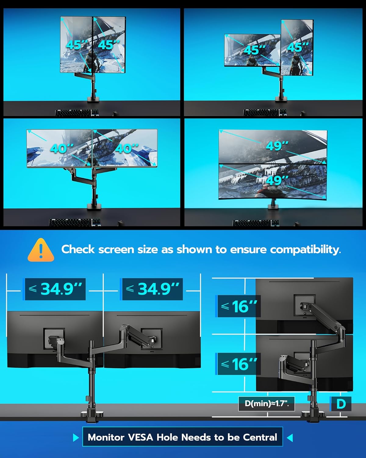 ARES WING Dual Monitor Stand for Ultrawide Heavy Duty Curved Monitor Stacking, Fits 17-49 Inch, Vertical Gas Spring Double Monitor Mount with USB, Adjustable Dual Monitor Mount for Desk, Black