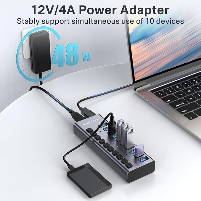 ACASIS Powered USB Hub,10 Ports USB 3.1 Hub with 10Gbps Data Speed, Individual On/Off Switches, 12V4A 48W Power Adapter, USB Hub 3.1 Powered for MacBook, Mac Pro/Mini, Surface Pro Laptop/PC