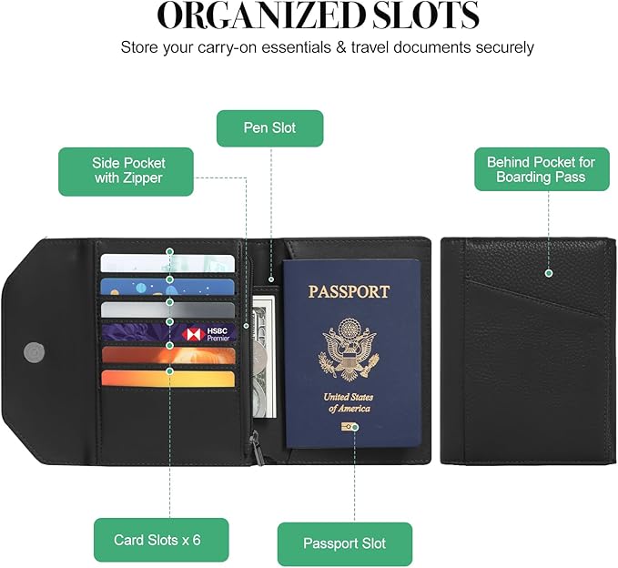 Passport Holder for Travel,Passport Book Holder，Rfid Blocking Travel Wallet Protect Your Card Security,Leather Travel Document Organizer for Men Women,Airport Essentials Gift (Black)