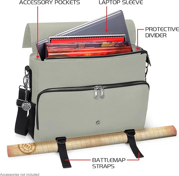 ENHANCE Collector's Edition RPG Player's Essentials DnD Bag - Dragon Hide Exterior Messenger Bag Fits 2-4 Books, Binders, Dice & Accessories, with 17 inch Laptop Slot, Battlemap Straps (Dragon Silver)