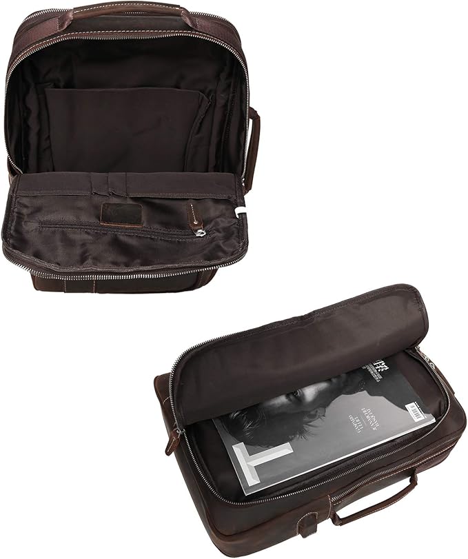 LANNSYNE Men's Full Grain Leather Expandable 15.6 Laptop Backpack Tote Shoulder Travel Bag Rucksack