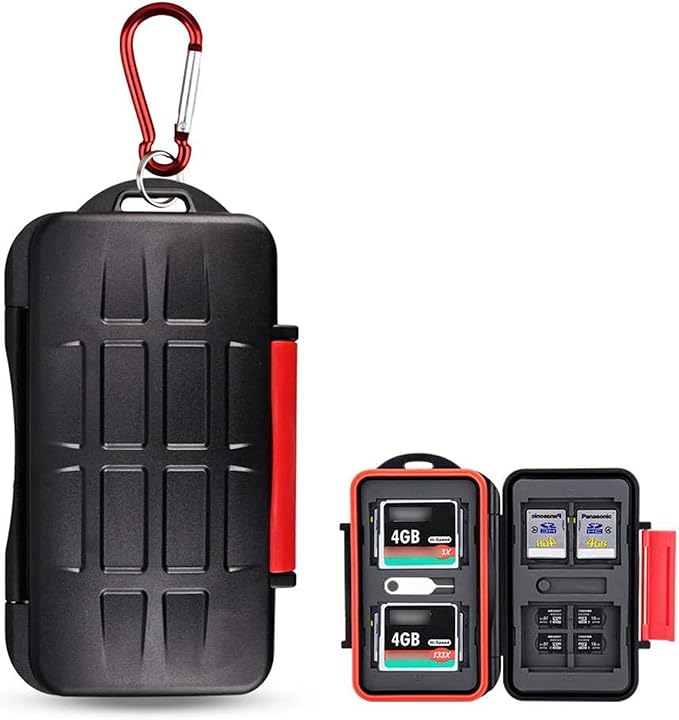 Kiorafoto 28 Slots : 16 TF + 8 SD + 4 CF Memory Card Holder Case Storage Protector Wallet For TF MSD Micro SD SD SDHC SDXC SDUC CF Compact Flash Memory Cards With Carabiner + Card Tray Removal Pin Key