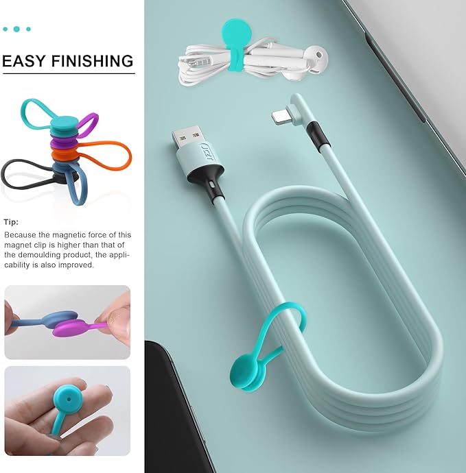 Kanemc Upgraded Magnetic Cable Holder, Silicone Cord Ties Bread Twist Ties Magnetic Cord Fasteners Cable Management Clips (10Pcs-Multicolor)