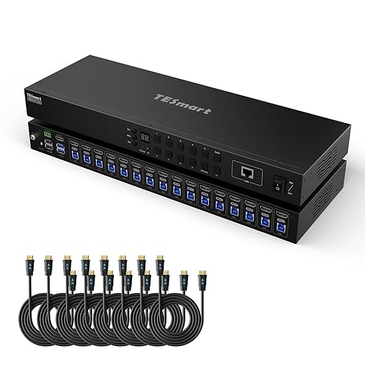 TESmart 16X1 HDMI KVM Switch USB 3.0, 4K@60Hz Rackmount KVM 16 Port Enterprise-Grade EDID Emulator | Hotkey Switch | RS232 | LAN Port | IR Remote | IP Control | Auto Scan | with 8 Pcs 5ft KVM Cable