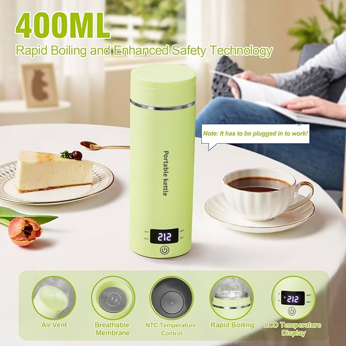 Travel Electric Kettle Portable Mini Kettle,Small Hot Water Boiler with 4 Temperature Settings,304 Stainless Steel,Fast Boiling Water with Auto Shut-Off and Boil Dry Protection,400ml (Green, 400ML)