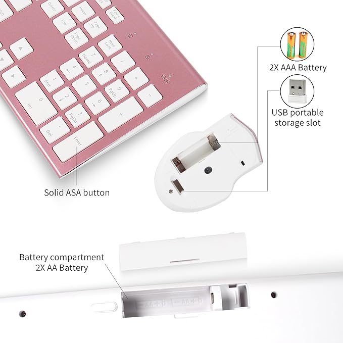 Wireless Keyboard and Mouse Combo 17inch Full Size 2.4G USB Ergonomic Slim Wireless Keyboard for PC Laptop Tablet Desktop Computer Windows Pink (Rose Gold)
