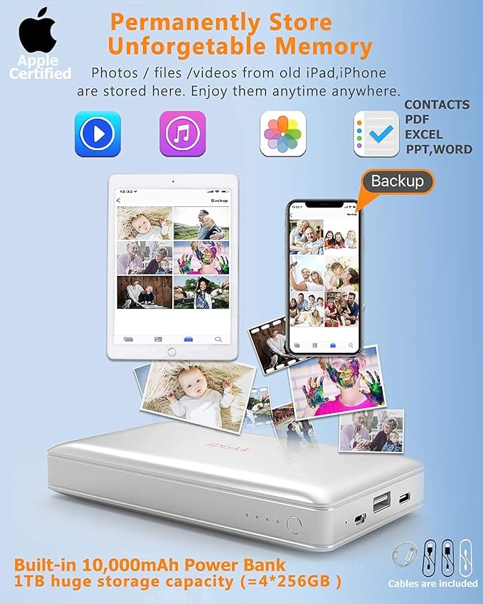 iDiskk App-le Mfi Certified 1TB iPad External Hard Drive Photo Stick for iPhone 16/15 Android Photo Backup Storage for iPhone 15/14/13/12/12 Pro Max/12 pro/11 pro/X/XR,Mac/iMac/PC,10000mAh Power Bank