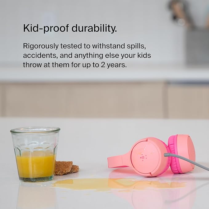 Belkin SoundForm Mini Kids Wired Headphones with Built-in Microphone & Fun Stickers, 85dB Safe Volume Limit – for Online Learning, Travel, Compatible w/iPhone 15, iPad, Galaxy S23, & More - Pink