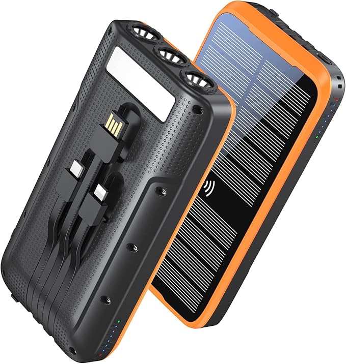 superallure Solar Charger Power Bank,Portable Charger,43800mAh Qc3.0 Fast Charger Qi 10W Wireless Charging Built-in 2 Kinds Output Cable and 680Lumen Bright flashlights