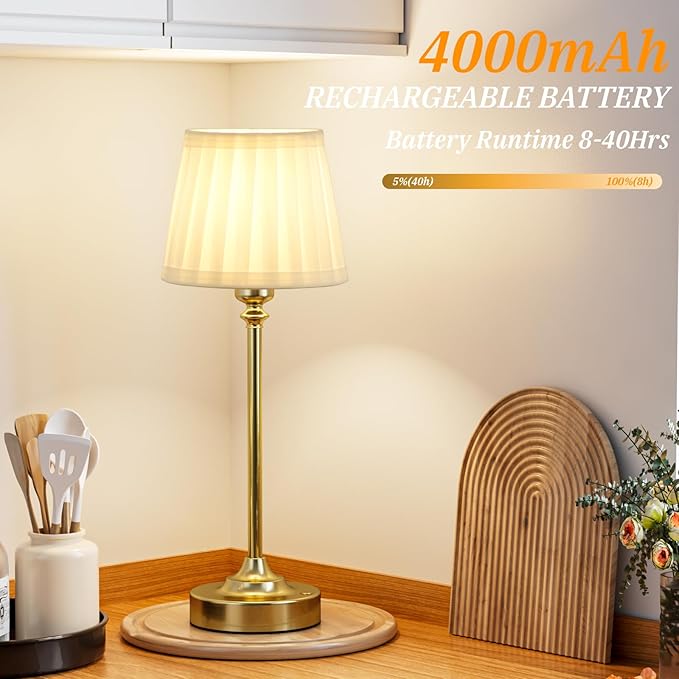 Cordless Table Lamps Rechargeable Set - 2 Pack Gold 4000mAH Battery Operated Lamps for Decor, 3000K Stepless Dimming Touch Wireless Lamp for Bedroom, Dining Table, Living Room, White Pleated Shade