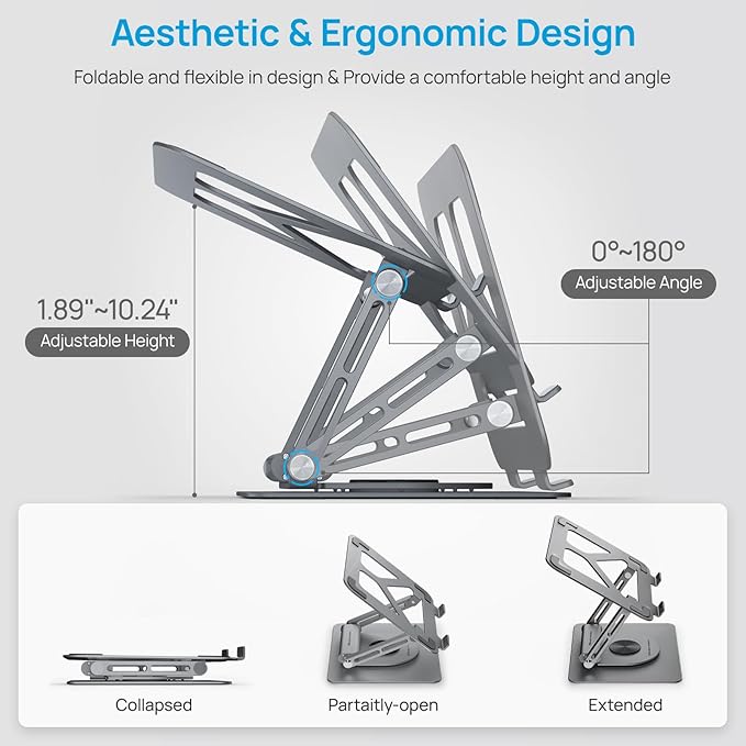 Adjustable Laptop Stand with 360 Rotating Base & USB Docking Station for MacBookPro/Air/Dell/HP/Lenovo, Portable Ergonomic Laptop Riser for Desk with USB Hub 100W PD/4K HDMI/Usb3.0/1000Mbps Ethernet