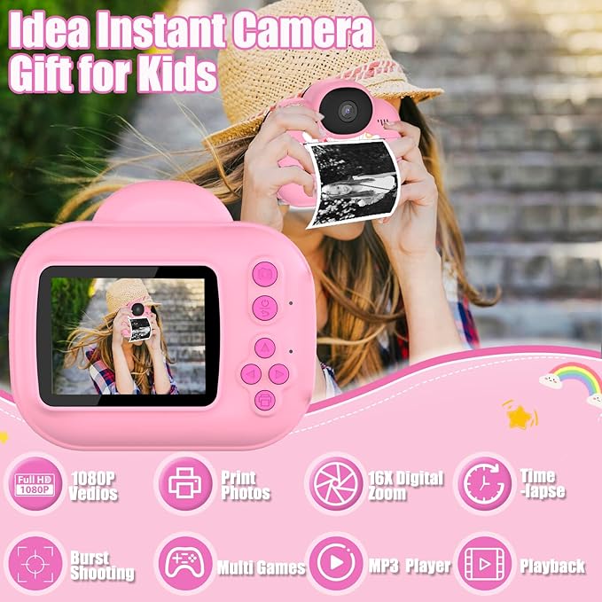 Kids Camera Instant Print Camera for Kids, Toddler Cameras Christmas Birthday Gifts for Girls Boys, 1080P HD Digital Video Cameras, Instant Camera Toy for 4 5 6 7 8 9 10 Year Girl with SD Card (Pink)
