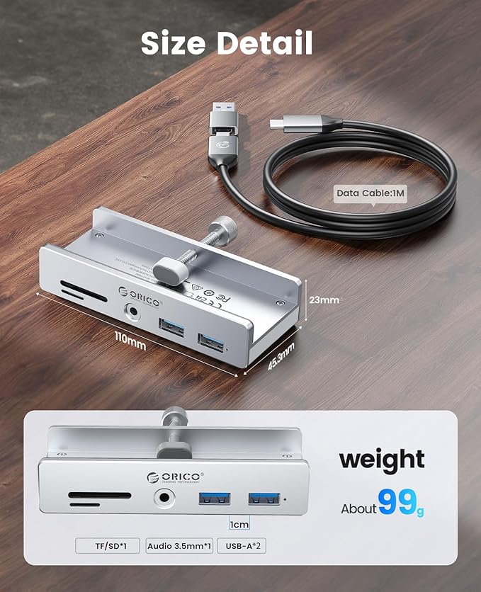 ORICO USB Hub 3.0, Clamp USB Hub with Extra Power Port, Aluminum USB C Adapter with 2 USB-A Data Ports,3.5mm AUX, SD/TF Card Reader for Desktop(Silver)