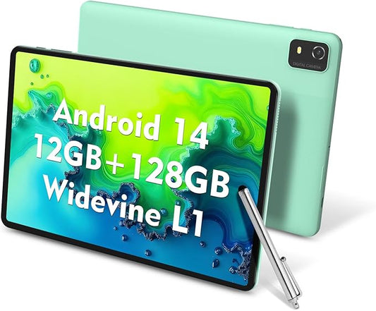 CWOWDEFU 10 Inch Android 14 Tablet, 12GB+128GB, Expand 1TB, Widevine L1 Compatible Octa-Core With WiFi 6, 6000mAh, Dual 8MP+5MP Camera, Face ID/Reading/Gaming (Green)