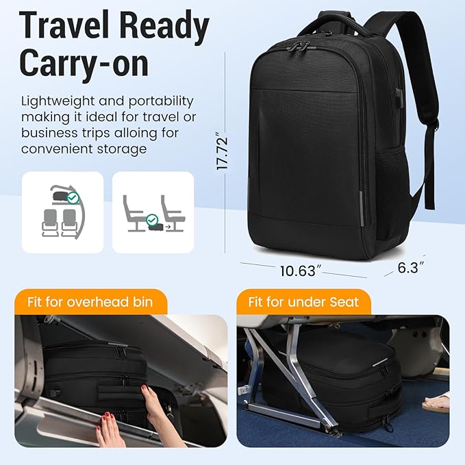 Business Laptop Backpack, 17.3 Inch Travel Laptop Bag Rucksack with USB Charging Port, Water-Resistant Bag Daypack for Work College Computer Men Women Backpack