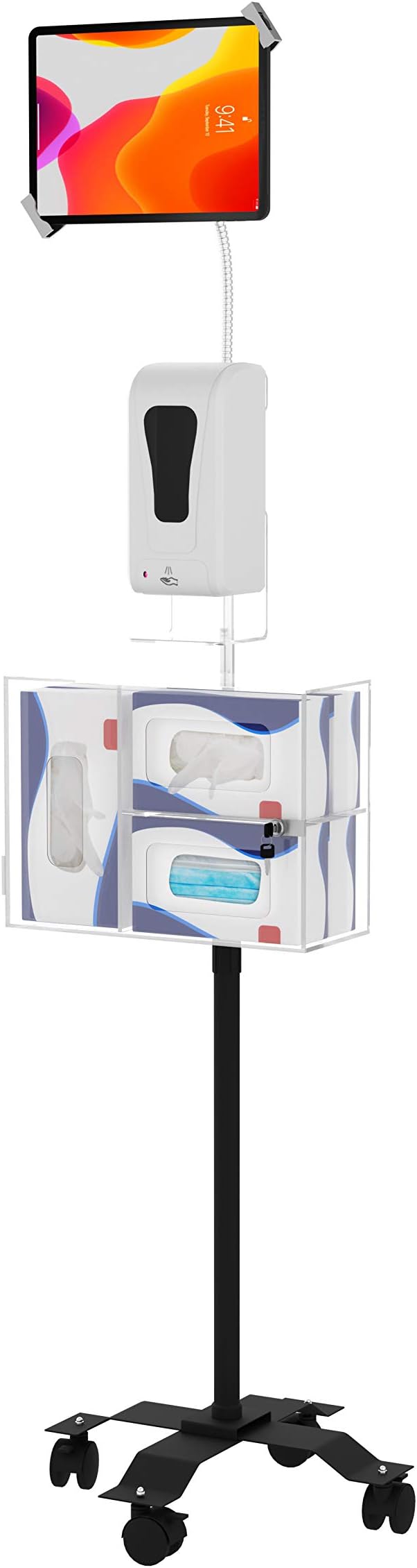 Compact Security Stand - CTA Secure Gooseneck Floor Stand with Sanitizing Station & Automatic Soap Dispenser for, iPad 7th/ 8th/ 9th Gen 10.2" & Other 7-13" Tablets (PAD-SCGSST)