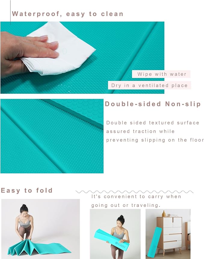 Foldable Yoga Mat 10mm Thick Wide Exercise Mat Non Slip Workout Mat for Home Gym, Travel, with Yoga Carrying Bag