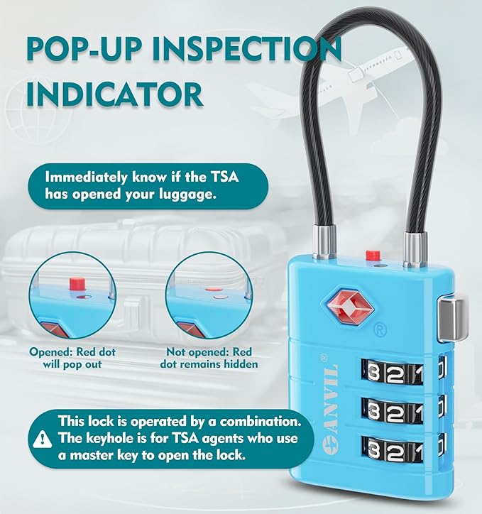 ANVIL TSA Approved Luggage Locks – High Security TSA008 Combination Travel Locks with Inspection Indicator for Suitcases and Backpacks. (3, Bule)