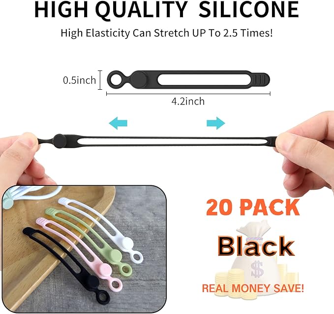 [20Park]UMUST Silicone Cable Ties, Reusable Cable Management Organizer, Cord Tie,Multipurpose Elastic Cord Organizer for Bundling and Fastening Cable Cords Wires(black)