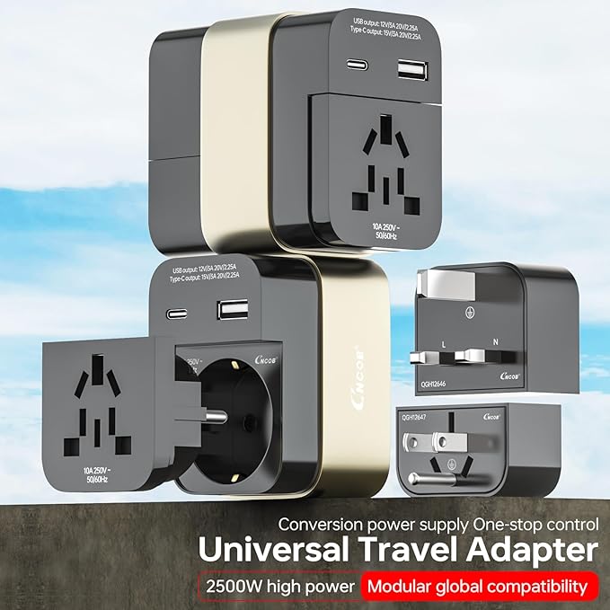 Universal Travel Adapter, 2500W Power Rating, International Plug Set, Dual Type-C Fast Charging Ports