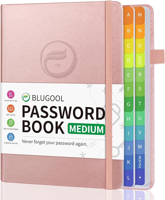 Password Book with Alphabetical Tabs, Password Keeper Book for Seniors, Hardcover Password Notebook for Individual & Colorful Tabs, Password Organizer for Website Logins, 5.3" x 7.7", Rose Gold