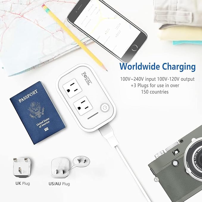 FOVAL Power Step Down 220V to 110V Travel Voltage Converter International Power Adapter for Hair Straightener/Curling Iron with 4-Port USB Charging US/UK/AU/EU Universal Plug Adapter (White)